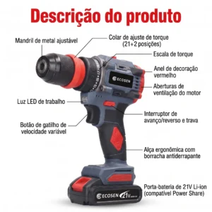 Furadeira Parafusadeira Sem Escovas 21V 85N M Com - Imagem 3