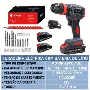 Furadeira Parafusadeira Sem Escovas 21V 85N M Com - Imagem 6