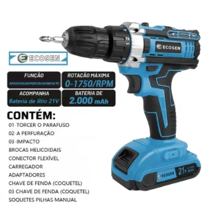 Parafusadeira Furadeira De Impacto 21V Sem Fio Com - Imagem 3